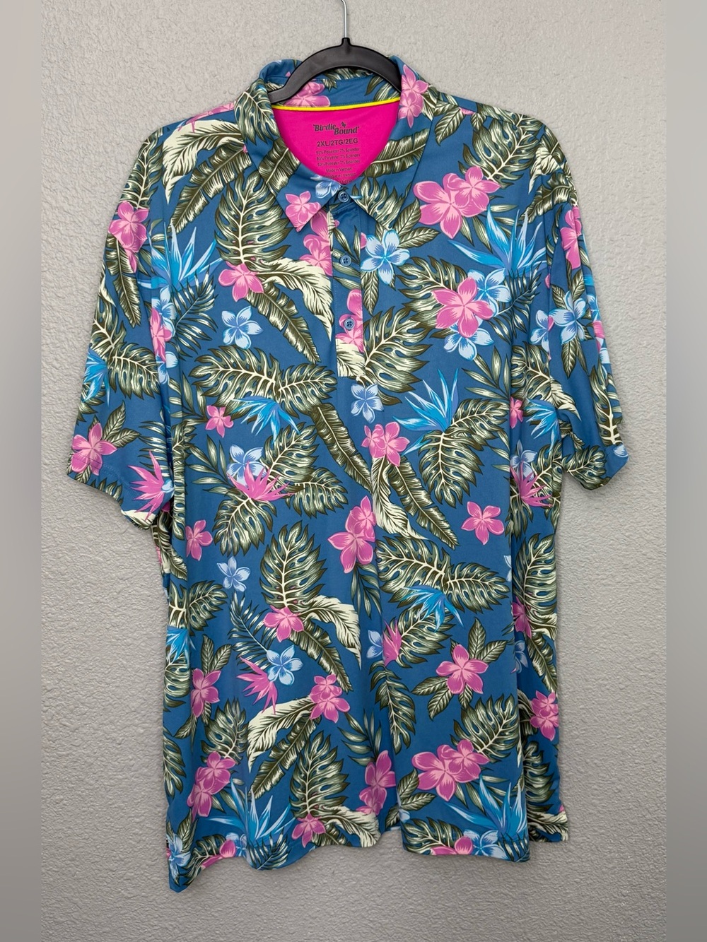 Birdie Bound | Vibrant Blue & Pink Tropical Golf Polo | Size XXL